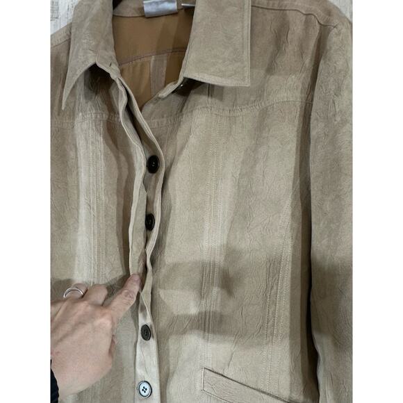 Chicos Faux Suede Jacket Size 1 Medium Tan Soft Button Placket Faux Pockets READ - Picture 9 of 11